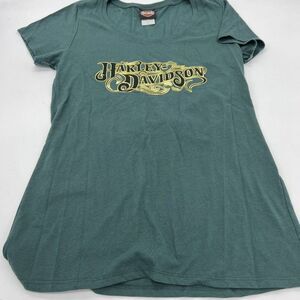 Harley Davidson Women's T-Shirt Metallic Graphic Green Scoop Neck Augusta GA L